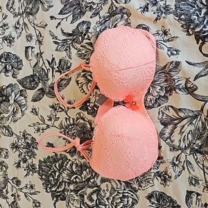 Victoria’s Secret Padded Demi Lace Dentelle Neon Orange Bra 32C